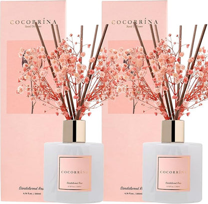 Cocorrína Premium Reed Diffuser Set with Preserved Baby's Breath & Cotton Stick Sandalwood Rose 2 Packs, 6.7oz Scent Fragrance Oil Diffuser for Bedroom Bathroom Home Décor
