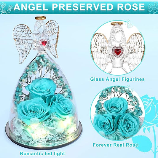 Mothers Day Rose Gifts for Women, Large Angel Figurines with Real Roses, Preserved Real Flower Rose for Her - Aqua Blue