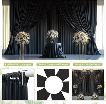PartyVillage 50ft×15ft Black Backdrop Curtain for Wedding Parties, 10 Panels Wrinkle Free 15 FT Long Polyester Photo Backdrop Drapes Back Drop Cloth for Birthday Photography Background