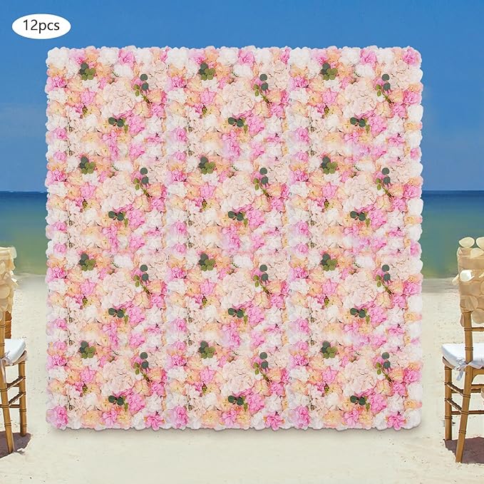 12pcs 24" x 16" Artificial Flower Wall Panel Background,3D Pink Champagne Silk Eucalyptus Rose Flowers Wall Backdrop for Wedding Party Event Photo Backdrop Wall Decor (Type 2)