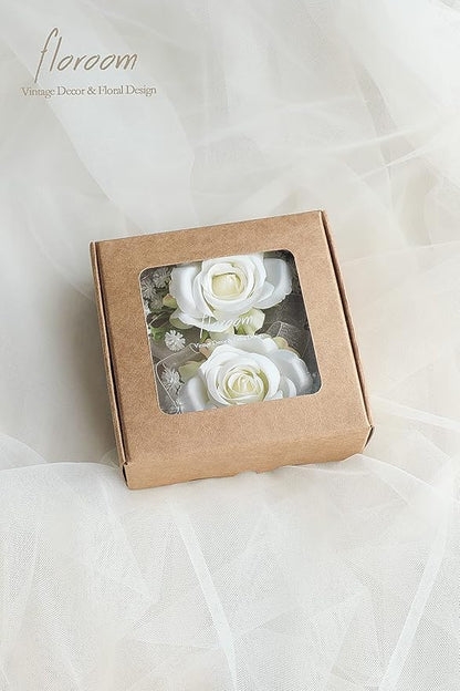 Floroom Ivory Rose Wrist Corsage Bracelet Wristlet Band and Men Boutonniere Set for White Wedding Flower Accessories Prom Suits