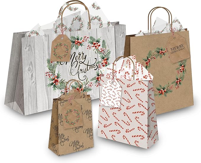 Pro Supply Global 24 Count of 2.5 Inch x 3 Inch Pre Strung Christmas Candy Canes Gift Tag Assorted Printed Designs on Large Cardstock Gift Hang Tags - Ideal to Use on Bags