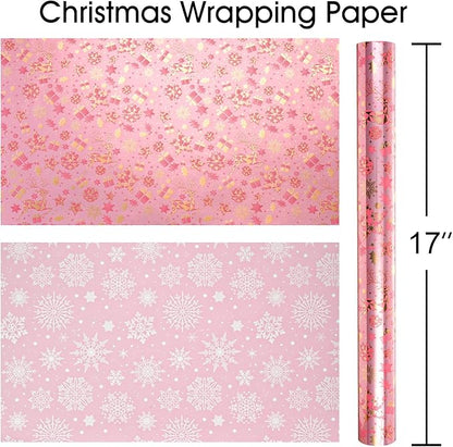MAYPLUSS Christmas Wrapping Paper Roll - 17 Inch X 33 Feet - Gold Reindeer Star Snowflake Star Reversible HO Gift Wrapping Paper, Thick Wrap Paper for Holiday Party New Year Kids