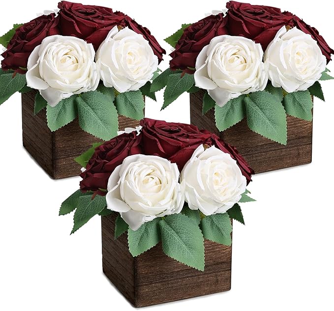 Dining Table Centerpiece Set of 3 - Pre-Made Aritifial Rose with Wooden Vase Fake Floral Arrangment Faux Flower for Wedding Bridal Tea Party Event Decorations - Burgundy & White