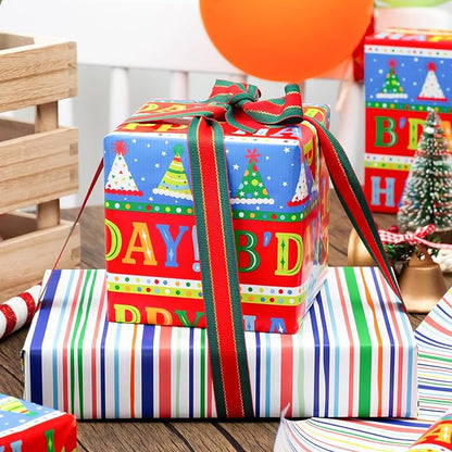 Afucus Reversible Birthday Wrapping Paper, Colorful Birthday Hats and Stripes Themed Gift Wrapping Paper, Cute Mini Rolls for Boys Girls Kids Men and Women, Party, Baby Shower (17 Inch X 33 Feet)