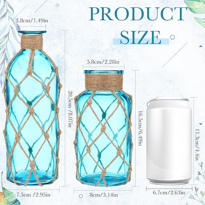 Chuangdi Set of 2 Coastal Glass Vases for Flower Small Flower Vase with Boho Rope Wrapping Beach Decorative Bottle for Coastal Nautical Table Centerpiece Wedding Floral Arrangement Decor(Aqua Blue)