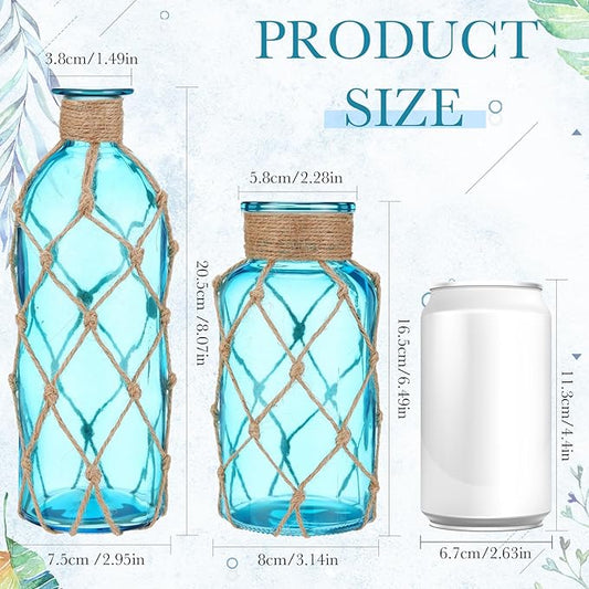 Chuangdi Set of 2 Coastal Glass Vases for Flower Small Flower Vase with Boho Rope Wrapping Beach Decorative Bottle for Coastal Nautical Table Centerpiece Wedding Floral Arrangement Decor(Aqua Blue)