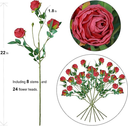 CHIAVE 8pcs 24 Flower Buds Artificial Vintage Roses Fake Silk Rose Flowers with Long Stem for DIY Bouquets Wedding Centerpiece Party Home Kitchen Shorp Decoration-Red