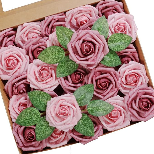 50pcs Artificial Flower，Real Touch Foam Roses w/Stem DIY for Wedding Bouquet Centerpieces Party Shower Home Decor-Shabby Rose Pink