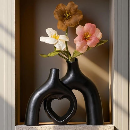Hug Donut Ceramic Decorative Vase Set, Snuggle Hollow Modern Nordic Boho Style Vases for Home Decor Living Room Shelf Bookshelf Mantle Entryway Table Console Décor (Matte Black)