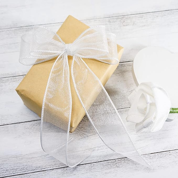CT CRAFT LLC Sheer Organza Wired Ribbon 1.5" x 50Yards White for Wedding Chair Bow Flora Bouquet Gift Wrapping Christmas Tree Home Decor Wreath