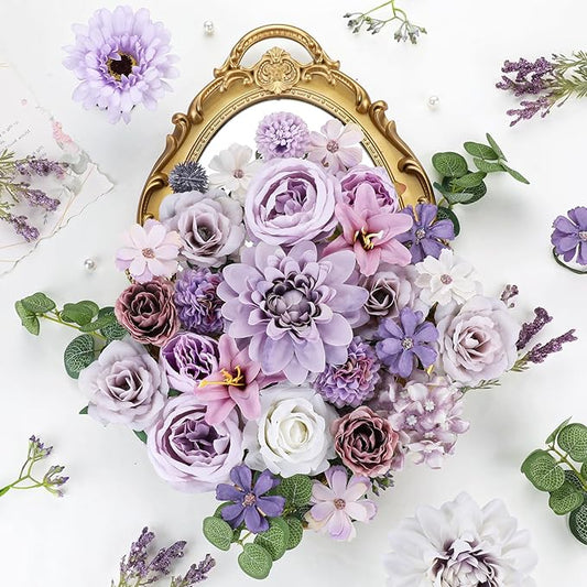 AmyHomie Lavender Artificial Flowers Combo Silk Mix Peony Rose Fake Flowers w/Stem for DIY Wedding Bouquets Centerpieces Arrangements Table Fall Decor Party Bridal Baby Shower Home Decorations