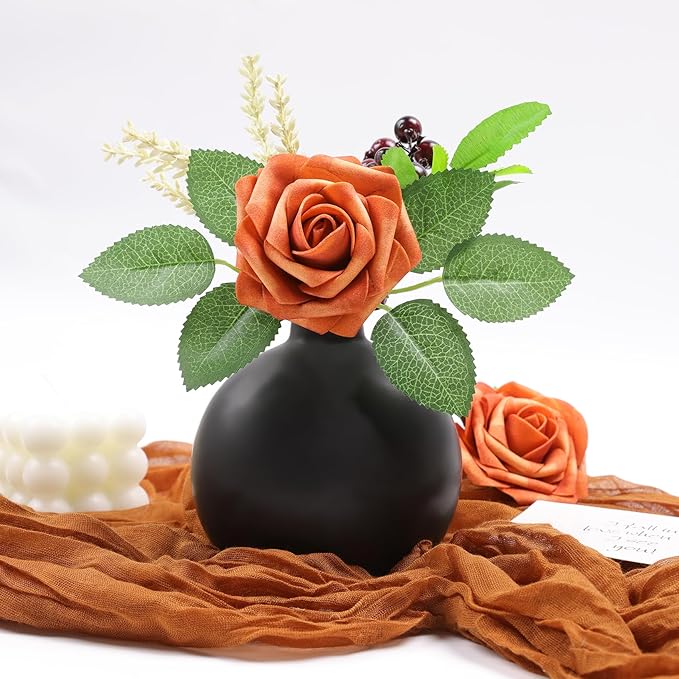 Meldel Artificial Flowers 25pcs Real Looking Burnt Orange Foam Fake Roses with Stems for DIY Wedding Bouquets Bridal Shower Centerpieces Floral Arrangements Home Decorations
