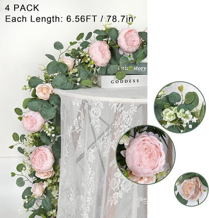 SOMYTING Artificial Flower Garlands Eucalyptus Garlands with Flowers Rose Peony Flower Vine Faux Floral Garland for Wedding Party Arch Table Wall Backdrop Decoration (Light Pink, 4PCS)