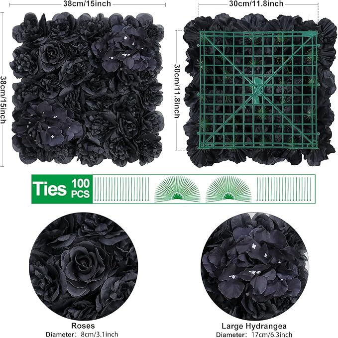 Artificial Flower Wall Panels - 12-Piece Set of 15x15 Inch Black Silk Roses Floral Backdrop Ideal for Wedding Celebrations, Festive Party Background and Elegant Home Decor