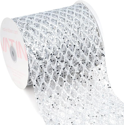 VATIN 6" Silver Christmas Ribbon, Silver Glitter Mesh Diamond Web Sequin Dots Wired Christmas Ribbon for Gift Wrapping Bow Making Wreath Supply-10 Yards