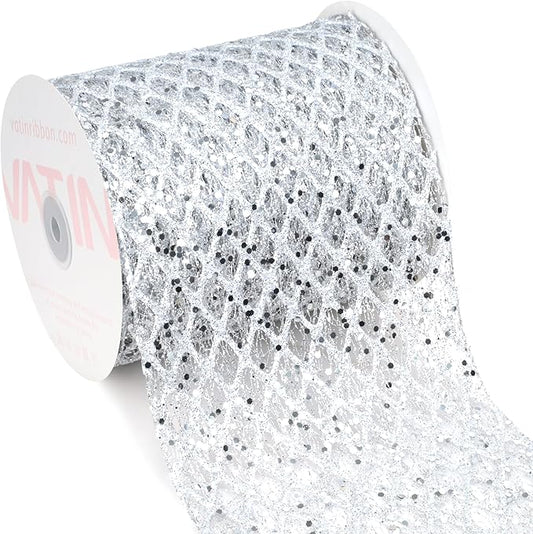 VATIN 6" Silver Christmas Ribbon, Silver Glitter Mesh Diamond Web Sequin Dots Wired Christmas Ribbon for Gift Wrapping Bow Making Wreath Supply-10 Yards