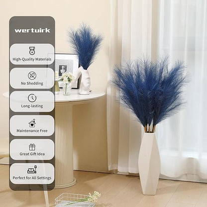 9 Stems Blue Pampas Grass - 38 Inch Tall Faux Pompous Grass Decor, Long Artificial Pompas Floral Branches for Vase Filler, Wedding Flower Arrangement and Home Decor (Blue)