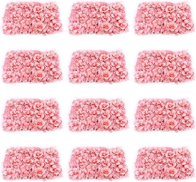 Gdrasuya10 12 Pcs Artificial Flower Wall Panels 3D Flower Background Panel for Wall, 40x60cm Wedding Flower Decorations Wall Silk Rose Panels for Party, Nail, Photo Areas, Stage Background (Pink)