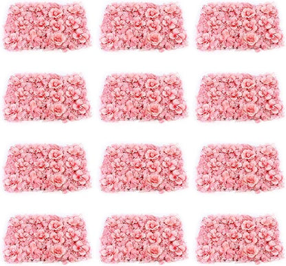 Gdrasuya10 12 Pcs Artificial Flower Wall Panels 3D Flower Background Panel for Wall, 40x60cm Wedding Flower Decorations Wall Silk Rose Panels for Party, Nail, Photo Areas, Stage Background (Pink)