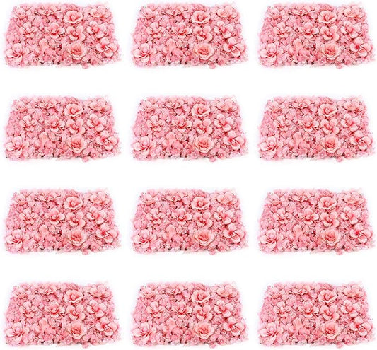 Gdrasuya10 12 Pcs Artificial Flower Wall Panels 3D Flower Background Panel for Wall, 40x60cm Wedding Flower Decorations Wall Silk Rose Panels for Party, Nail, Photo Areas, Stage Background (Pink)