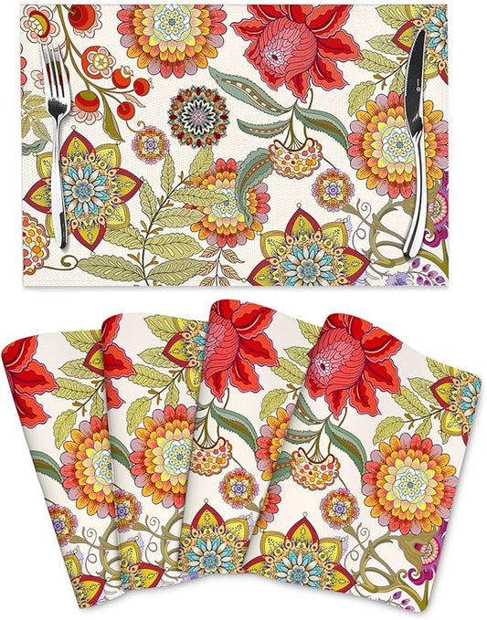 Boho Floral Placemats Set of 4, Flower Table Mats for Kitchen Dining Table, Colorful Decorative Place Mats Washable Linen Placemat 12"x18", Housewarming Gifts for New Home