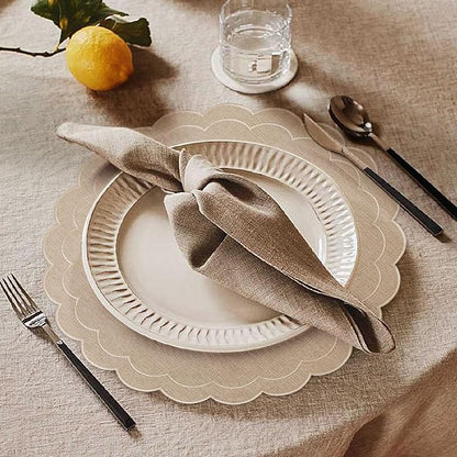 Set of 6 Cotton Linen Placemats, 15 Inch Linen Color Scalloped Flower Embroidery Cloth Table Mats Double Layered Fabric Machine Washable Wrinkle Free Dining Placemat for Hotel Restaurant Kitchen