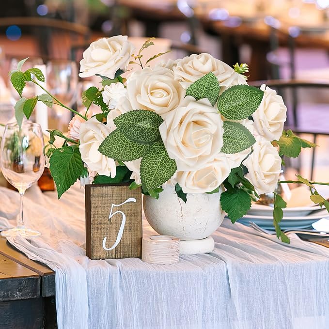 AmyHomie Artificial Flowers Champagne Rose 50pcs Real Looking Fake Roses w/Stem for DIY Wedding Bouquets Centerpieces Arrangements Party Baby Shower Valentines Day Christmas Tree Decorations