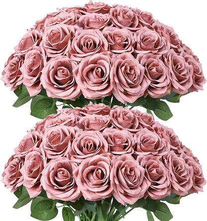 Artificial Rose Flower Dusty Rose Flowers Silk Flowers 50 pcs with Long Stem Silk Roses Bouquet for Wedding Bridal Shower Party Home Decoration