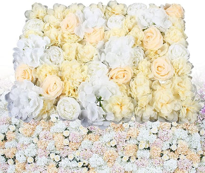 LOYALHEARTDY 12 Pack 24" x 16" Artificial Flower Wall Panels Hydrangea and Rose Flower Backdrop Panels Wedding Party Event Decoration (12 PCS, Yellow+White)