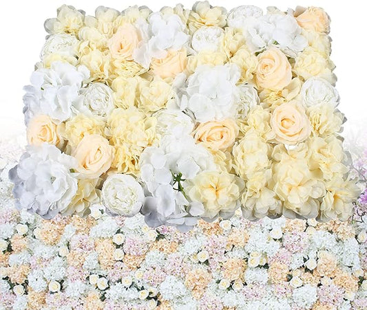 LOYALHEARTDY 12 Pack 24" x 16" Artificial Flower Wall Panels Hydrangea and Rose Flower Backdrop Panels Wedding Party Event Decoration (12 PCS, Yellow+White)