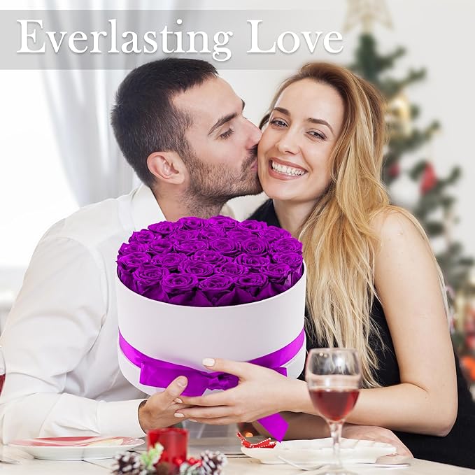27 Forever Roses in Luxury White Box, Eternal Real Roses Gift for Women, Preserved Flowers for Delivery Prime, Anniversary, Valentine's Day, Birthday for Her (Purple)