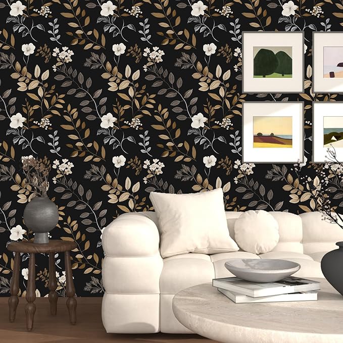 Black Floral Wallpaper Peel and Stick Vintage Leaf Contact Paper Waterproof Self Adhesive Removable Modern Boho Wall Paper for Bedroom Cabinets Kitchen Locker Drawer 17.5"X118"