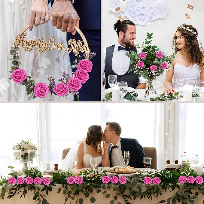 100Pcs Artificial Flowers Hot Pink Roses Real Looking Foam Fake Roses with Leaves and for DIY Wedding Bouquets Bridal Shower Centerpieces Party Decorations (Hot Pink, 100)