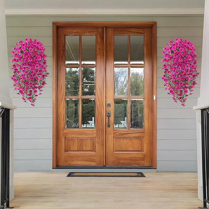 Artificial Hanging Flowers for Outdoor, 2pcs Fake Plants Long Vine Morning Glory Eucalyptus, UV Resistant Realistic Faux Greenery Indoor Outside Patio Porch Garden Spring Summer Decor, Light Purple