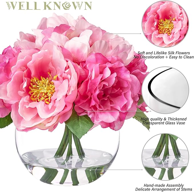 Artificial Flowers in Vase, Silk Peonies Bouquet for Vase with Faux Water, Fake Peony Flower Arrangement for Home Wedding Birthday Party Dining Table Centerpiece New Year Decor Mom's Gift (Pink)