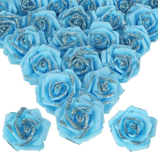 Light Blue Glitter Roses 100pcs Blue Foam Roses 2.56" Glitter Flowers Fake Roses for Baby Shower Centerpieces Faux Floral Arrangement Wedding Cake Flowers Decorations (Light Blue)
