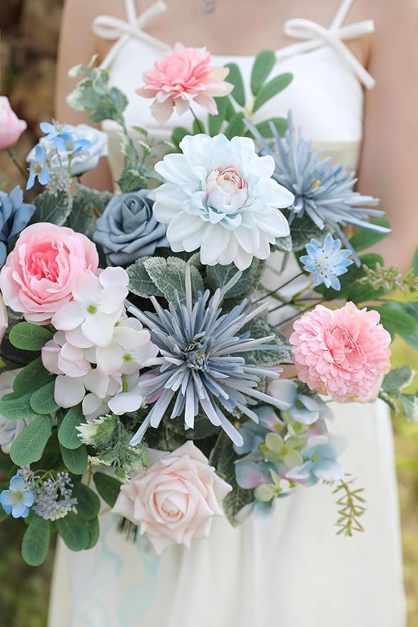 Blue Pink Artificial Flowers Set - Fake Roses, Peonies, Silk Flowers with Stems for DIY Wedding Bouquets,Floral Arrangement,Table Centerpieces,Baby Shower, Home Decor