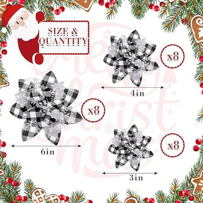 24 Christmas Glitter Artificial Poinsettia Flowers Xmas Poinsettia Artificial Wedding Flowers Decorations Xmas Tree Ornaments with Clips for Party Favors, 6 Inch, 4 Inch, 3 Inch (Black White, Silver)