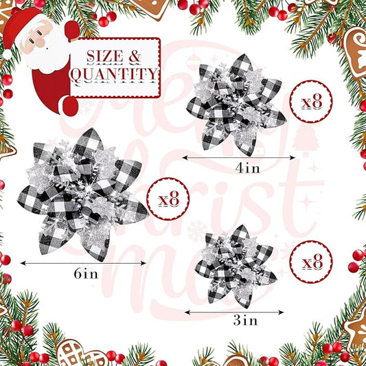 24 Christmas Glitter Artificial Poinsettia Flowers Xmas Poinsettia Artificial Wedding Flowers Decorations Xmas Tree Ornaments with Clips for Party Favors, 6 Inch, 4 Inch, 3 Inch (Black White, Silver)