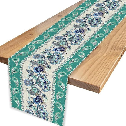 Paisley Table Runner, Rustic Blue Green Bohemian Damask Exotic Flower Cafe Table Center Decor for Home Kitchen Dining Patio Holiday Party Indoor Outdoor Table Decorations 13x108 inch
