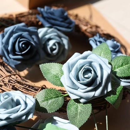AmyHomie Artificial Flower Dusty Blue Shades Rose 25pcs Real Looking Fake Roses w/Stem for DIY Wedding Bouquets Centerpieces Arrangements Party Baby Shower Valentines Day Christmas Tree Decorations