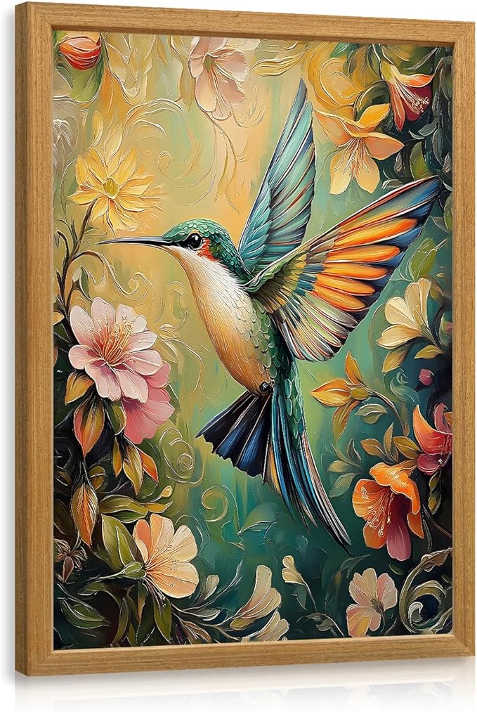 LLEEMPI William Morris Wall Art, Vintage Bird Floral Wall Decor, Hummingbird Flower Canvas Painting, Colorful Nature Botanical Aesthetic Picture for Living Room Bedroom Kid Room Wood Framed 12x16 inch