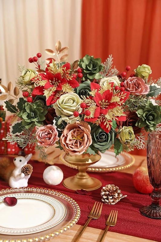 Artificial Christmas Flowers Set with Poinsettia, Fake Roses, Greenery Leaves & Stems for DIY Christmas Decor - Wreath, Tree Ornaments, Wedding Bouquets, Centerpieces, Home Floral Arrangement