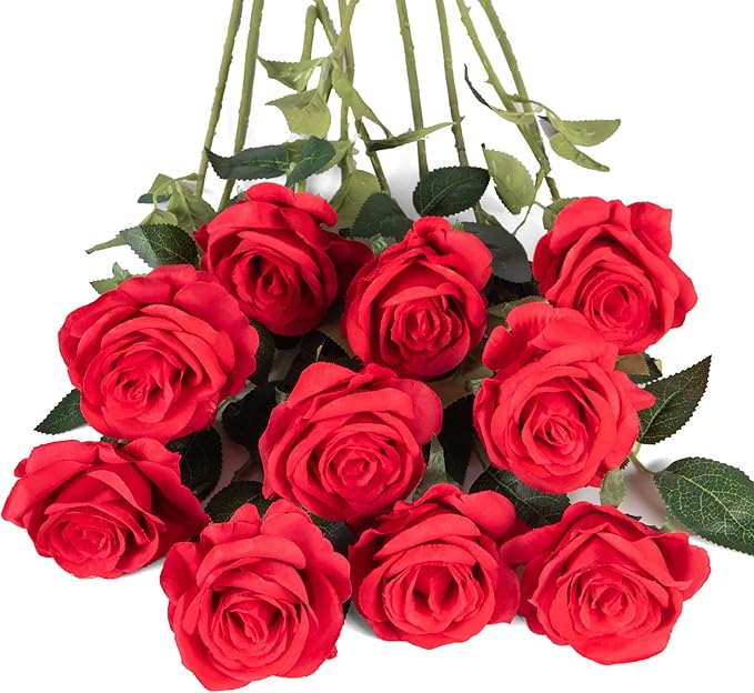 Flojery 10pcs Red Silk Roses Artificial Rose Flowers Long Stem for DIY Wedding Bouquet Table Centerpiece Home Décor