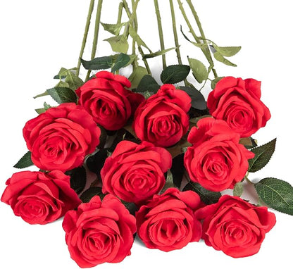 Flojery 10pcs Red Silk Roses Artificial Rose Flowers Long Stem for DIY Wedding Bouquet Table Centerpiece Home Décor