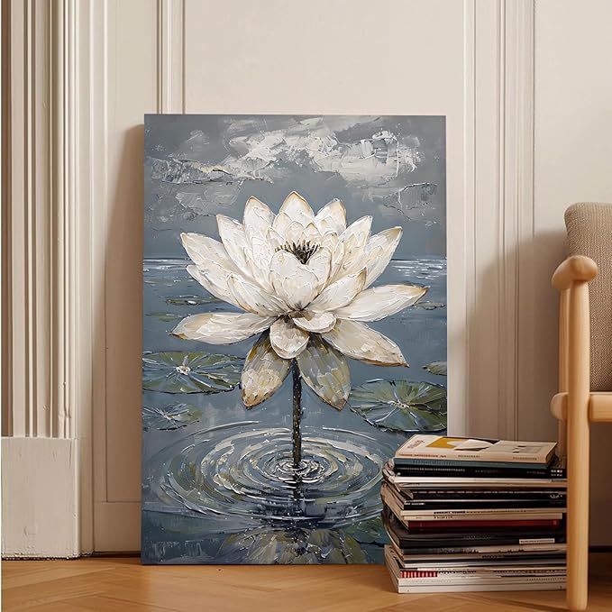 Stunning white lotus emerges from prismatic water with delicate petals background Serene aquatic wall art suitable for modern minimalist decor 28x40in Frameless