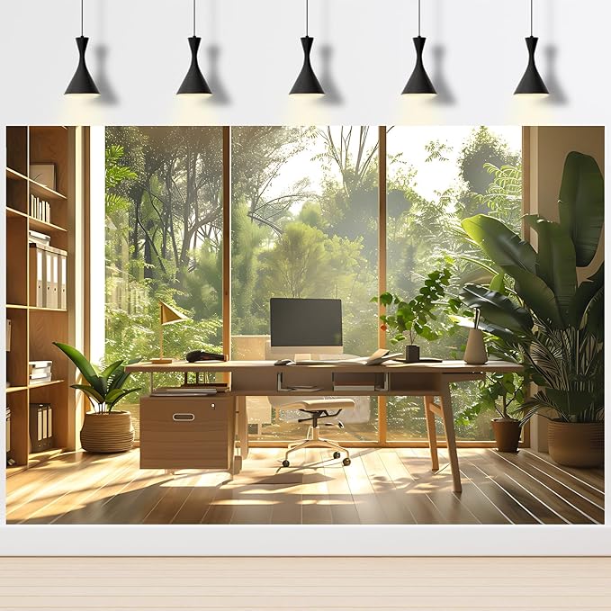 Office Background for Video Conference Modern Cozy Home Office Space Work Place Backdrop Sunlight Indoor Plants Tranquil Work Environment for Live Video Zoom Calls Studio Props Decor 20x10ft