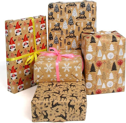 KIMOBER 5 Rolls Christmas Wrapping Paper,Brown Kraft Paper with Xmas Elements and Cut Lines on Reverse(17in × 118in Per Roll)