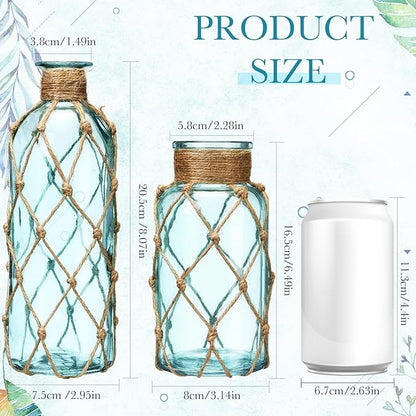 Chuangdi Set of 2 Coastal Glass Vases for Flower Small Flower Vase with Boho Rope Wrapping Beach Decorative Bottle for Coastal Nautical Table Centerpiece Wedding Floral Arrangement Decor(Light Blue)